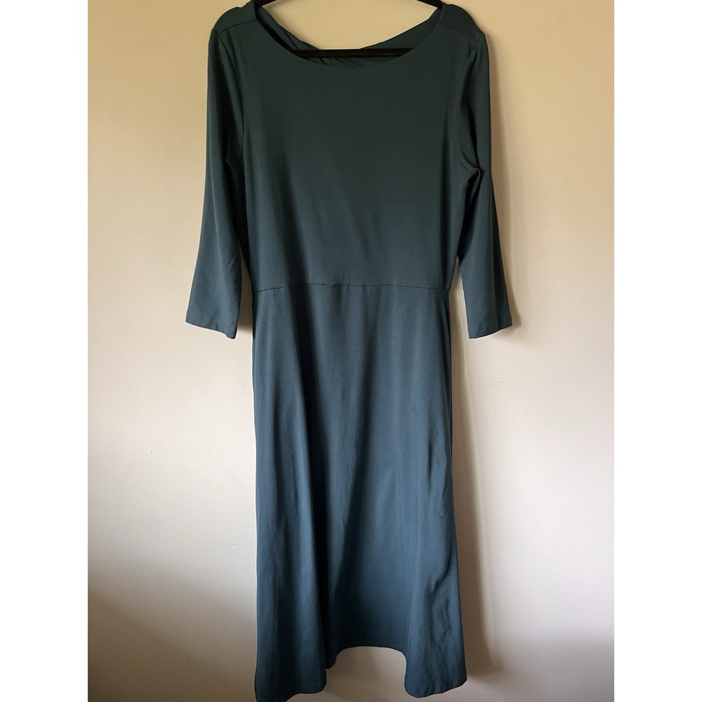 Pact Fit & Flare Midi Dress High Neck 3/4 Sleeve Teal Twist Back Size XL Career